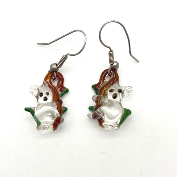 Clear Glass Koala Earrings Dangle Animal Jewelry Silver Tone - Picture 1 of 3